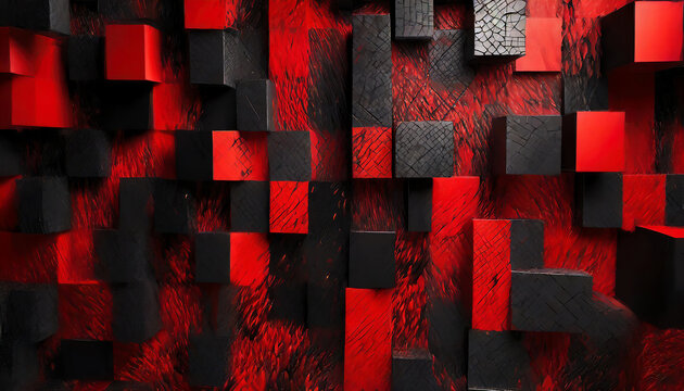 abstract red and black square brick cube wall background