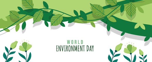 World environment day banner with leaf plant on green background vector design	
