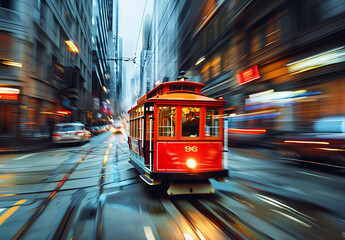 Red Trolley Car Driving Down City Street Motion Blur - Powered by Adobe