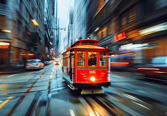 Red Trolley Car Driving Down City Street Motion Blur
