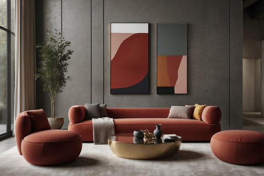 Modern eingerichtetes Wohnzimmer mit ziegelroten Polsterm&ouml;beln, abstrakter Wandkunst und nat&uuml;rlichem Lichtspiel