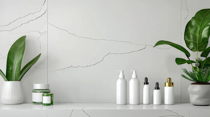 A white wall with a green plant and a shelf with several bottles and a vase