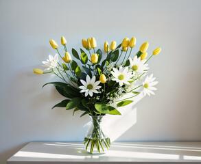 A vase filled with white and yellow flowers on a table. - Powered by Adobe