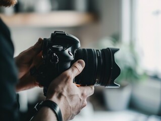 Freelance Photographer's Hands Holding Professional DSLR Camera, High-Key Stock Photo Following Rule of Thirds Composition