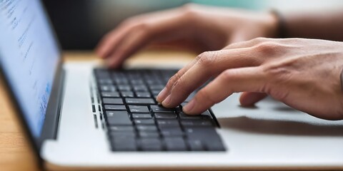 Fingers on a laptop keyboard with a blurred background