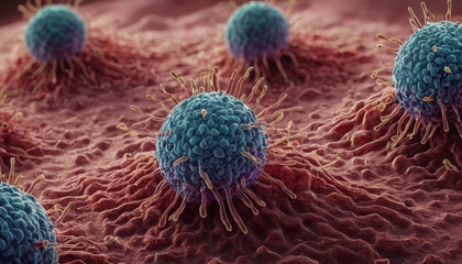 A collection of blue and red viruses arranged on a bright red mucosal surface creates a striking visual contrast. A group of blue and red microbes on a red surface.