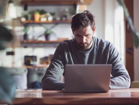 Focused Freelancer Working on Laptop in Cozy Home Office, Casual Sweater, Illuminated by Screen, Cluttered Interior, Remote Work Lifestyle