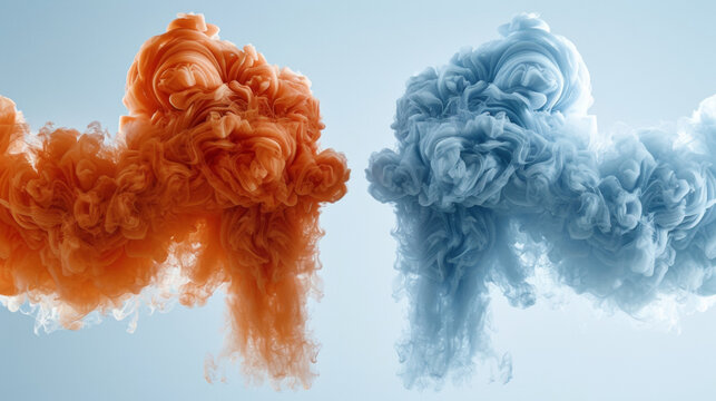 Two clouds of smoke, one orange and one blue, are blowing in opposite directions