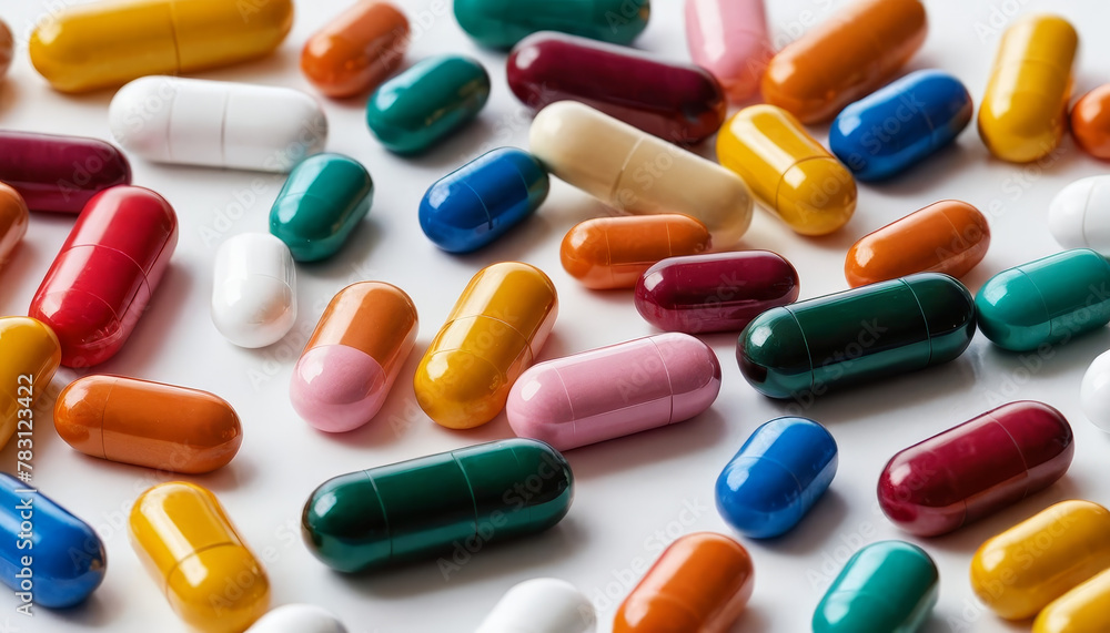 Poster multi-colored tablets on the table. a stack of multi-colored pills is neatly laid out on the table.