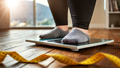 Close-up and bottom view of an overweight girl using scales in front a measuring tape on wooden floor. Obesity, overweight and eating disorders concept. Generative Ai. - obrazy, fototapety, plakaty