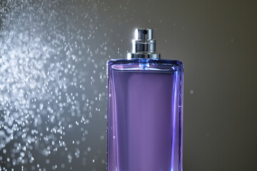 Perfume spray in a violet bottle on a dark background.