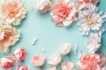 pastel-colored roses and soft baby's breath on a pastel blue canvas