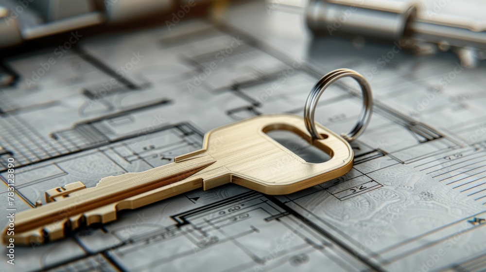 Poster blueprint keys on corporate desk capturing architectural innovation in modern business and property 