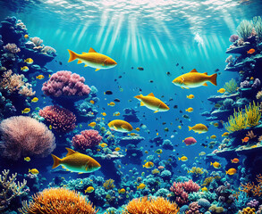 A colorful underwater scene with various types of fish swimming in the water.