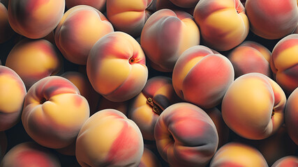 A large pile of fresh ripe peaches are stacked together.
