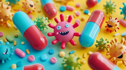 Vivid antibiotic capsules mid-action against menacing germs, representing the battle for health on a contrasting backdrop