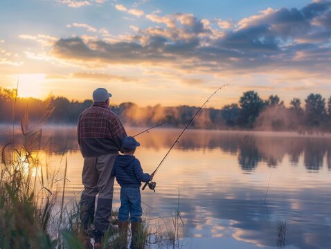 Grandfather and Grandson Fishing Together at Sunrise/Sunset, Serene Lake Scene, Bonding Over Shared Hobby, Misty Atmosphere, Colorful Reflections