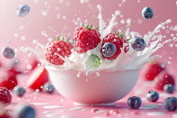 Animated berries dive into a yogurt bowl, causing a lively splash, showcasing a healthy start with probiotics and antioxidants
