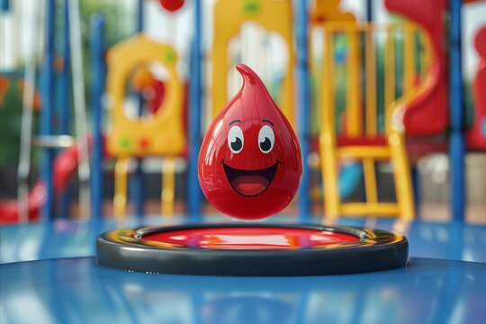 A cartoon blood drop joyfully bouncing on a trampoline, symbolic of a healthy red cell count, set against a playful playground scene