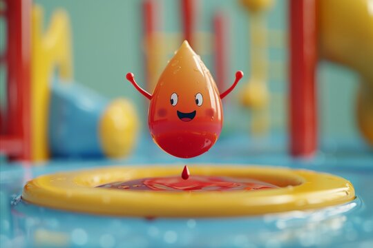 A cartoon blood drop joyfully bouncing on a trampoline, symbolic of a healthy red cell count, set against a playful playground scene