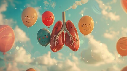 Illustration of cheerful cartoon lungs floating with smiling balloons against a clear sky, epitomizing light, joyful breathing