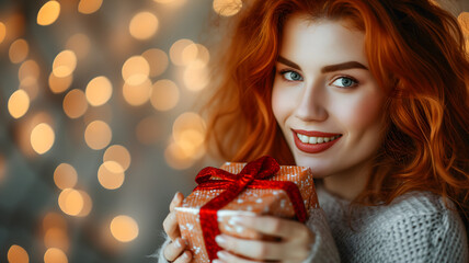 Beautiful redhead young adult woman with gift for Valentines Day with bokeh at background. Neural network generated image. Not based on any actual person or scene.