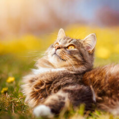 Katze liegt auf der Wiese und genießt die Sonne