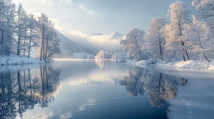 winter landscape with snow-covered trees, and the calm waters of an icy river reflecting