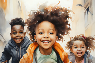 A vibrant illustration capturing the innocent joy of children playing, ideal for themes of childhood, happiness, and family. - obrazy, fototapety, plakaty