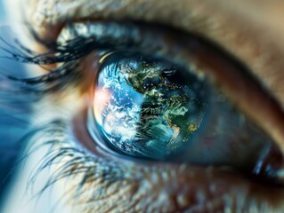 Surreal Human Eye with Planet Earth Iris - Symbolic Illustration of Nature and Humanity Connection - obrazy, fototapety, plakaty