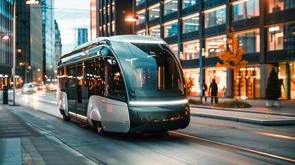Futuristic autonomous bus gliding through city lights. Urban mobility reimagined.