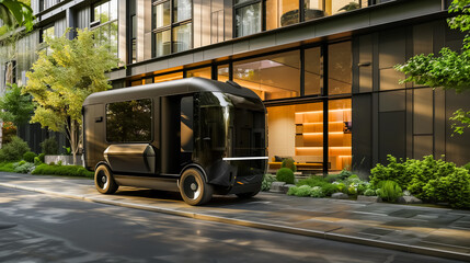 Fototapeta na wymiar Autonomous vehicle parked amidst lush greenery in a modern urban setting, blending technology and nature. 