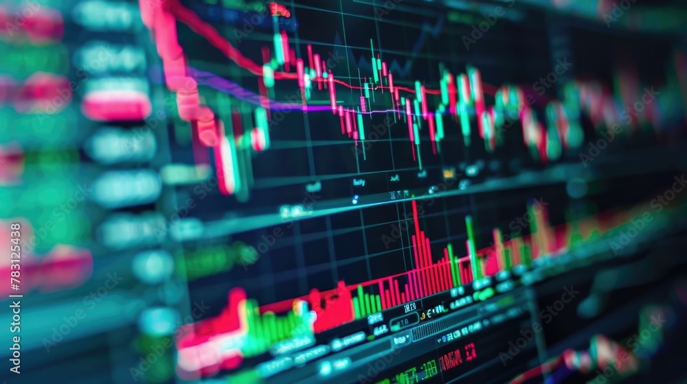 Poster analyzing trading trends and financial data on computer screen for investment decisions