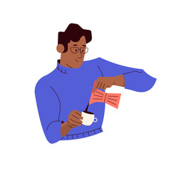 Man has prepared coffee in a geyser coffee maker and pours it into a mug. Morning ritual. Vector flat illustration.