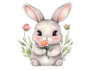 watercolor cute bunny hold flower. 