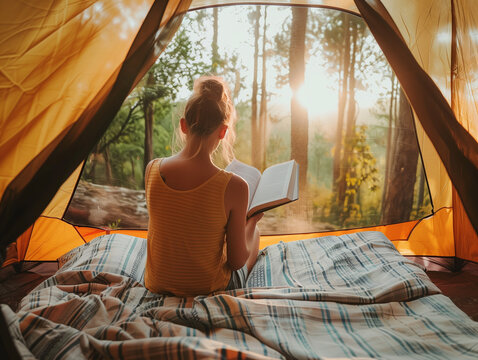 Young woman reading a book in a tent