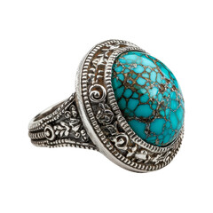 Elegant Turquoise Gemstone Ring with Detailed Silver Band, Highlighting Luxury and Fashion Accessories.