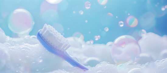Toothbrush with white bristles on a bubbly surface, highlighted by a soft, ethereal glow and surrounded by floating soap bubbles against a tranquil blue background. - obrazy, fototapety, plakaty