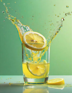 Um copo com suco de lim&atilde;o, com rodelas de lim&atilde;o caindo e splash. Fundo verde.