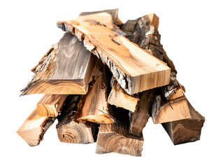 Stacked pile of wood, cut and split for the campfire, close up isolated on transparent background