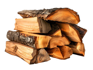 Stacked pile of wood, cut and split for the campfire, close up isolated on transparent background