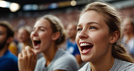 Naklejka premium Young woman cheering at the sport game from audience, moments of celebration, crowd reactions to game-changing decisions and people showing team spirit through chants and cheers. 