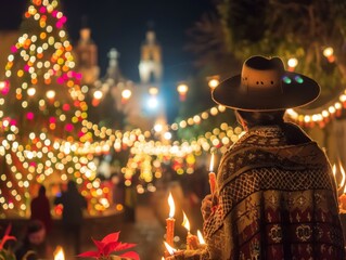 Festive Mexican Christmas Scene - Poncho, Sombrero, Lit Candle, Colorful Tree, Twinkling Lights,...