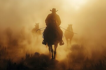 Dusty Dawn: Lone Cowboy Herding Horses. Concept Western Landscapes, Cowboy Lifestyle, Horseback Riding, Sunrise Serenity, Dusty Trails - obrazy, fototapety, plakaty