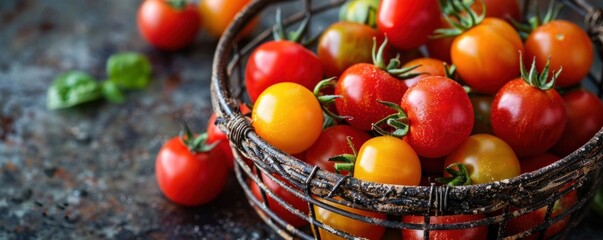 The simplicity of a metal basket against a black background beautifully accentuates the freshness of cherry tomatoes.
 - Powered by Adobe