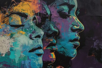 A colorful mural of three women's faces.