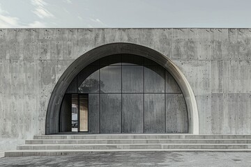 An arched empty concrete wall defines this buildings exterior, simplicity in architecture