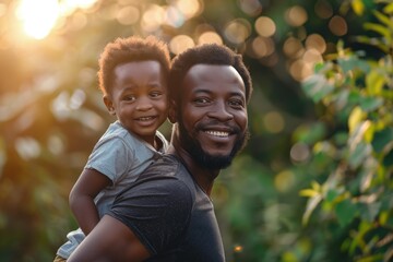 A handsome black father carrying his son on his back, Father's Day concept. - obrazy, fototapety, plakaty
