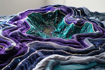 A close up of a purple and blue crushed velvet fabric with silver glitter.