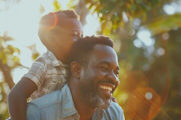 A handsome black father carrying his son on his back, Father's Day concept. - obrazy, fototapety, plakaty